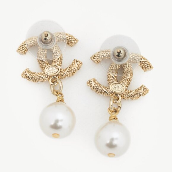Chanel D22 Gold-Tone Pearl-Embellished CC Dangling-Charm Stud Earrings - Picture 2 of 3